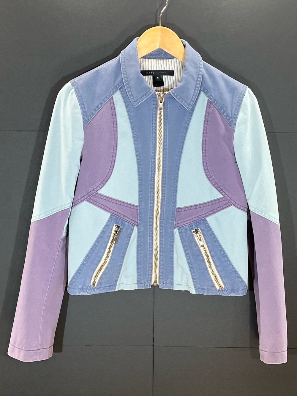Vintage Marc Jacobs Zip Front Moto Jean Jacket with Blue and Lavender Panels